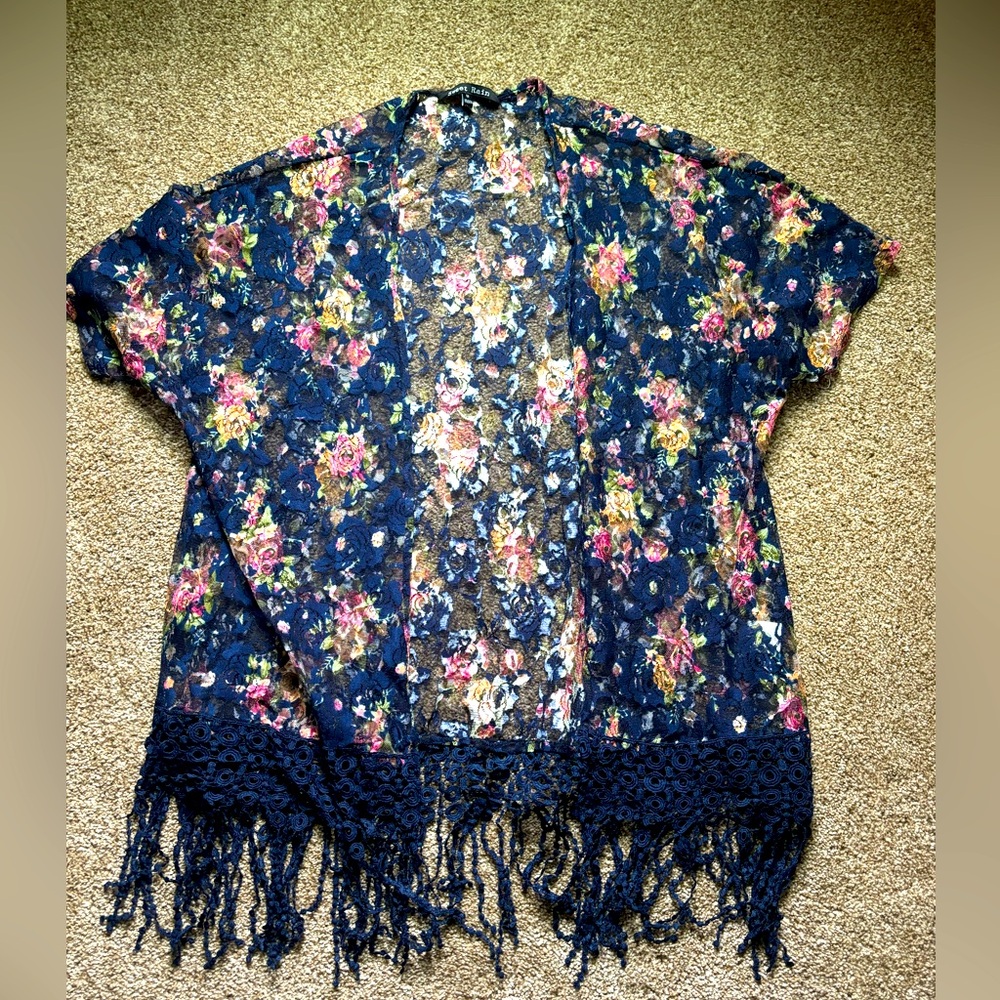Fringe Floral Short Sleeve Cover Up